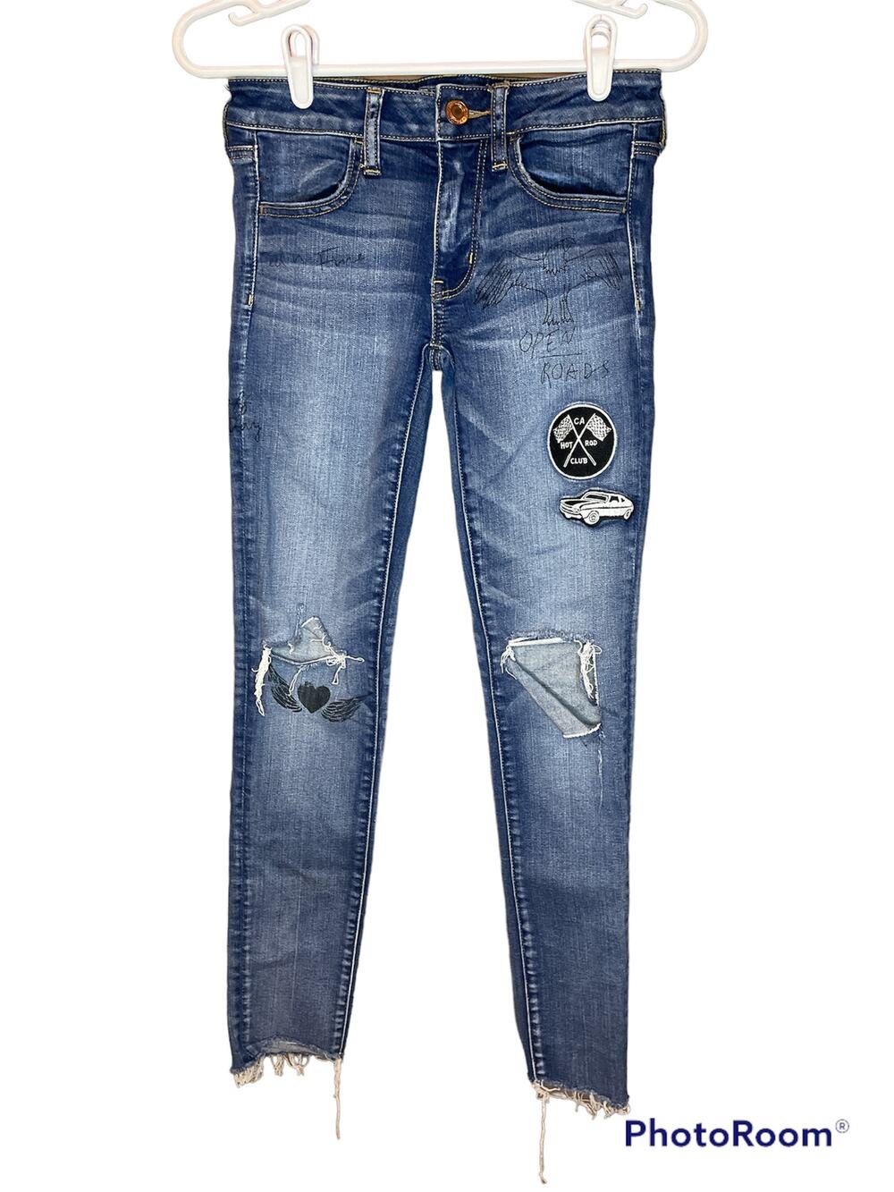 American Eagle Jegging Hot Rod Super Stretch Car Patch Distressed Jeans Size 2L